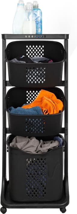 Eleganca Wasmand 3 vakken - Inhoud 82 L - Wassorteerder - Afneembare manden - Wasmand op Wielen - Ruimtebesparend - B44xD33xH109 cm - Kunststof - Zwart — thumbnail 1