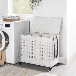 Wasmand met de hand gevlochten, wasmand van polyrotan, met 3 vakken, deksel en handgrepen, uitneembare zakken, woonkamer, slaapkamer, waskeuken, wit — thumbnail 3
