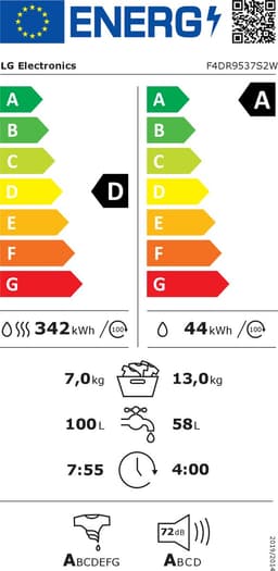 LG F4DR9537S2W was‑droogcombinatie 13 kg met AI DD voor slimme stofverzorging - TurboWash 39 voor sneller wassen - EzDispense automatische dosering - hygiënisch wassen met stoom en ThinQ slimme bediening. Energieklasse A‑20% — thumbnail 2