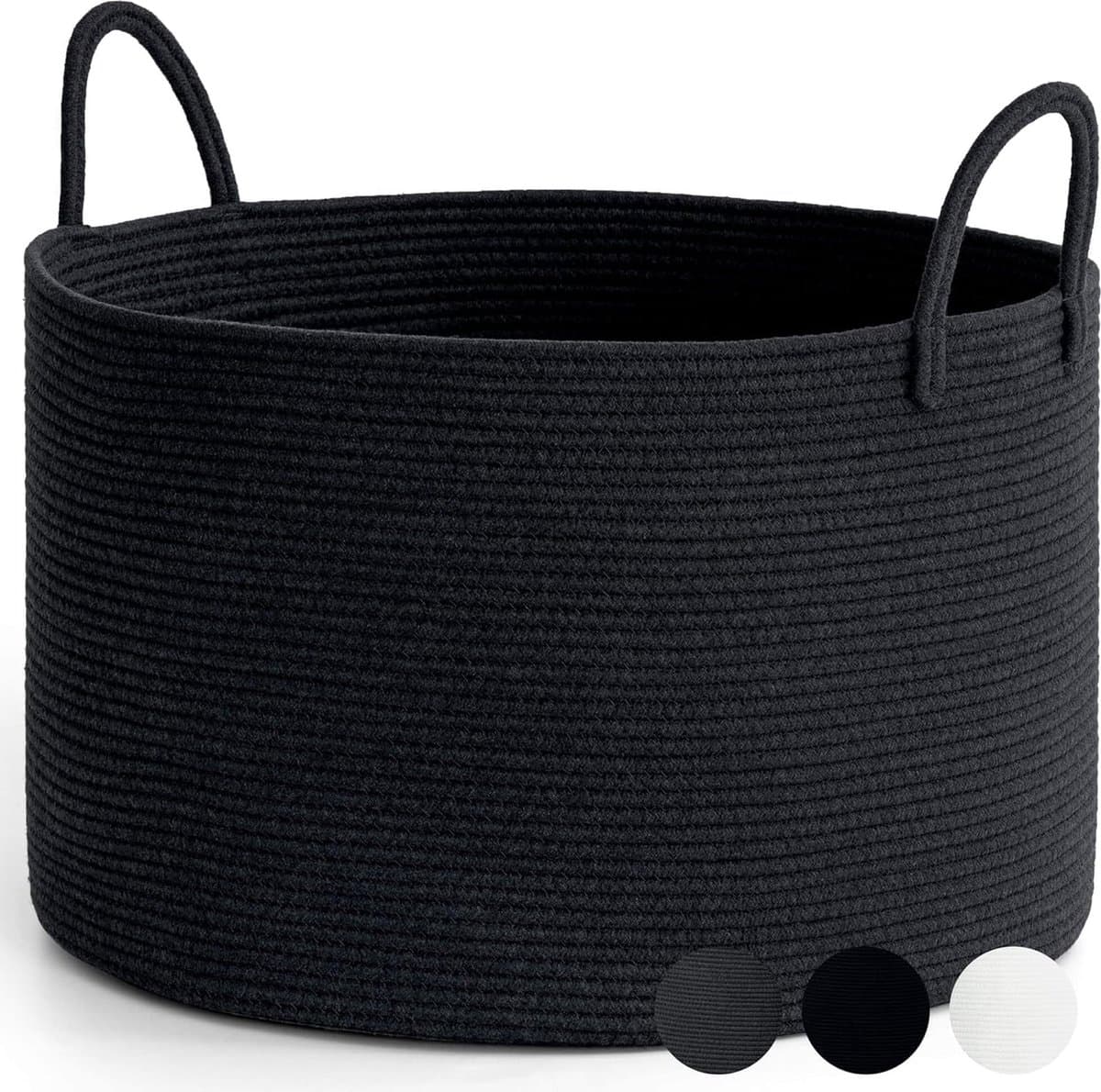 Wasmand, gevlochten opbergmand, grote katoenen mand, handdoekmand voor badkamer, mand voor dekens woonkamer, kussens, babyspeelgoed, opbergmand, 55 x 35 cm, rond, zwart — afbeelding 1