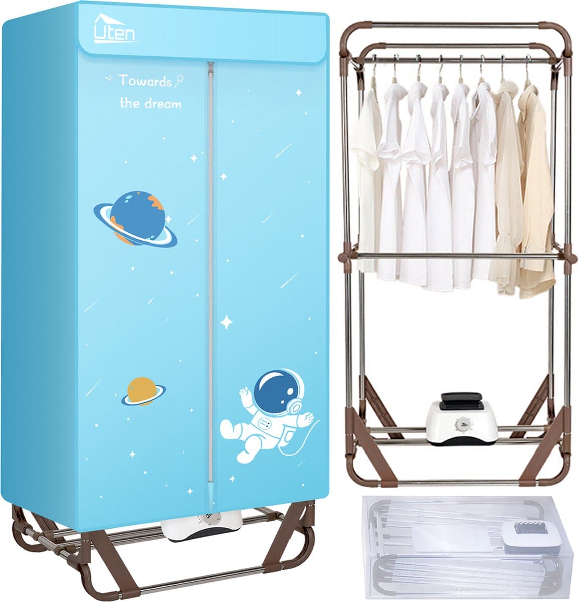 Uten Draagbare elektrische droger Gr886 - 2 lagen droog Design - Warmtepompdroger - 1500 W - Timer 0-180 Min - Elektrisch Droogrek met Verwarming - Wasdroger - Tot 15kg wasgoed - Als wasdroger, droogrek en Kledingkast- Hoogte 1.4 M - lichtblauw — afbeelding 1