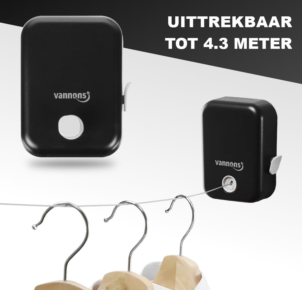 Vannons - Waslijn - Waslijn Uittrekbaar - Roldrooglijn - Drooglijn - Waslijndraad Staal - Tot 4.3 meter - Zwart — afbeelding 1