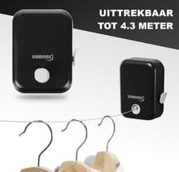Vannons - Waslijn - Waslijn Uittrekbaar - Roldrooglijn - Drooglijn - Waslijndraad Staal - Tot 4.3 meter - Zwart — thumbnail 1