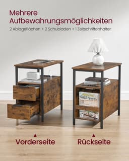 VASAGLE Bijzettafel, nachtkastje met stekkerdoos, 2 laden, salontafel, nachtkastje voor woonkamer, slaapkamer, vintage bruin-klassiek zwart LET325B01 — thumbnail 5