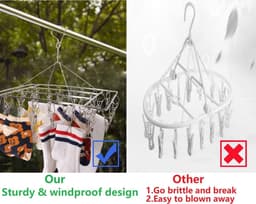 Sokkendroger, roestvrij staal, met 36 wasknijpers, zwenkbaar, winddicht, sokkenhangers, droogrek voor sokken, ondergoed, beha's, babykleding, luiers, handdoeken, handschoenen — thumbnail 5