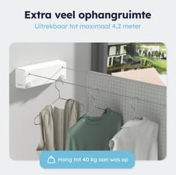 ENISTO® Waslijn - Uittrekbare waslijn - Dubbele lijn - 8,4 meter (2 x 4,2 meter) - Wit - Alternatief droogrek - Wanddroogrek - Waslijndraad uittrekbaar - Roldrooglijn - Wasdraad - Ruimtebesparend - Met of Zonder boren — thumbnail 2