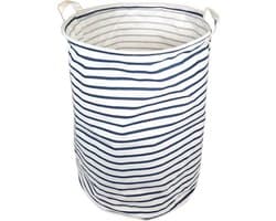 QUVIO Wasmand - Opvouwbare wasmand - Opbergmand - Speelgoedmand - Waszak - Wasmanden - Met handvaten - Wassorteerder - Wasbox - Inhoud 30 Liter - Rond - Stof - Wit met blauwe strepen — afbeelding 1