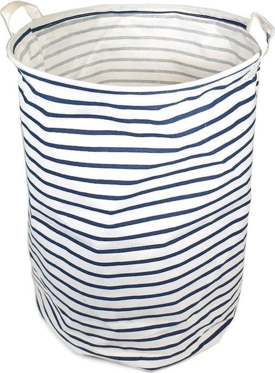 QUVIO Wasmand - Opvouwbare wasmand - Opbergmand - Speelgoedmand - Waszak - Wasmanden - Met handvaten - Wassorteerder - Wasbox - Inhoud 30 Liter - Rond - Stof - Wit met blauwe strepen — afbeelding 1