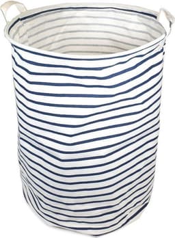 QUVIO Wasmand - Opvouwbare wasmand - Opbergmand - Speelgoedmand - Waszak - Wasmanden - Met handvaten - Wassorteerder - Wasbox - Inhoud 30 Liter - Rond - Stof - Wit met blauwe strepen — thumbnail 1