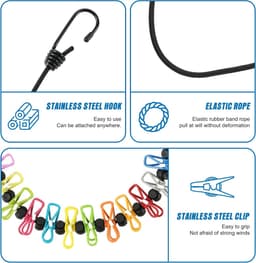 1 stuks - Elastische waslijn - Kampeerwaslijn - Reis waslijn - Waslijn - draagbare kampeer waslijn - met 12 wasknijpers - kampeeraccessoires - reiswaslijn voor buiten en binnen - met 1 canvas tassen - elastische waslijn voor campers en hotelkamers — thumbnail 4