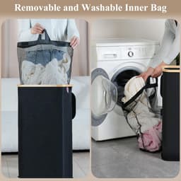 Wasmand - Met uitneembare zakken - Mesh Waszakken - Klittenband - 40.5*33*65cm - Waszak - Waszakken - Wasmanden - Wassorteerder - Opvouwbaar - Zwart — thumbnail 4