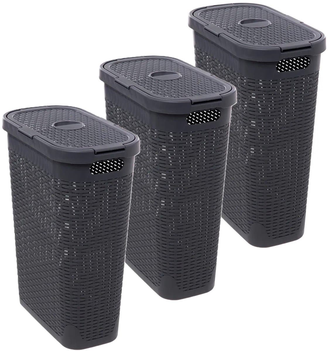 5Five Smalle Wasmand met deksel Rotan - 3x - donkergrijs - gevlochten kunststof - 40 liter - 26 x 46 x 60 cm — afbeelding 1