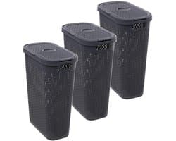 5Five Smalle Wasmand met deksel Rotan - 3x - donkergrijs - gevlochten kunststof - 40 liter - 26 x 46 x 60 cm — afbeelding 1