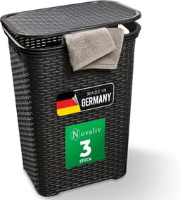 Novaliv 3-delige rotan wasmand met deksel 60L zwart, wasboxset wasemmer wascontainer modern voor badkamer was vuile was, wasmanden vuile wascontainer verzamelmand — thumbnail 1