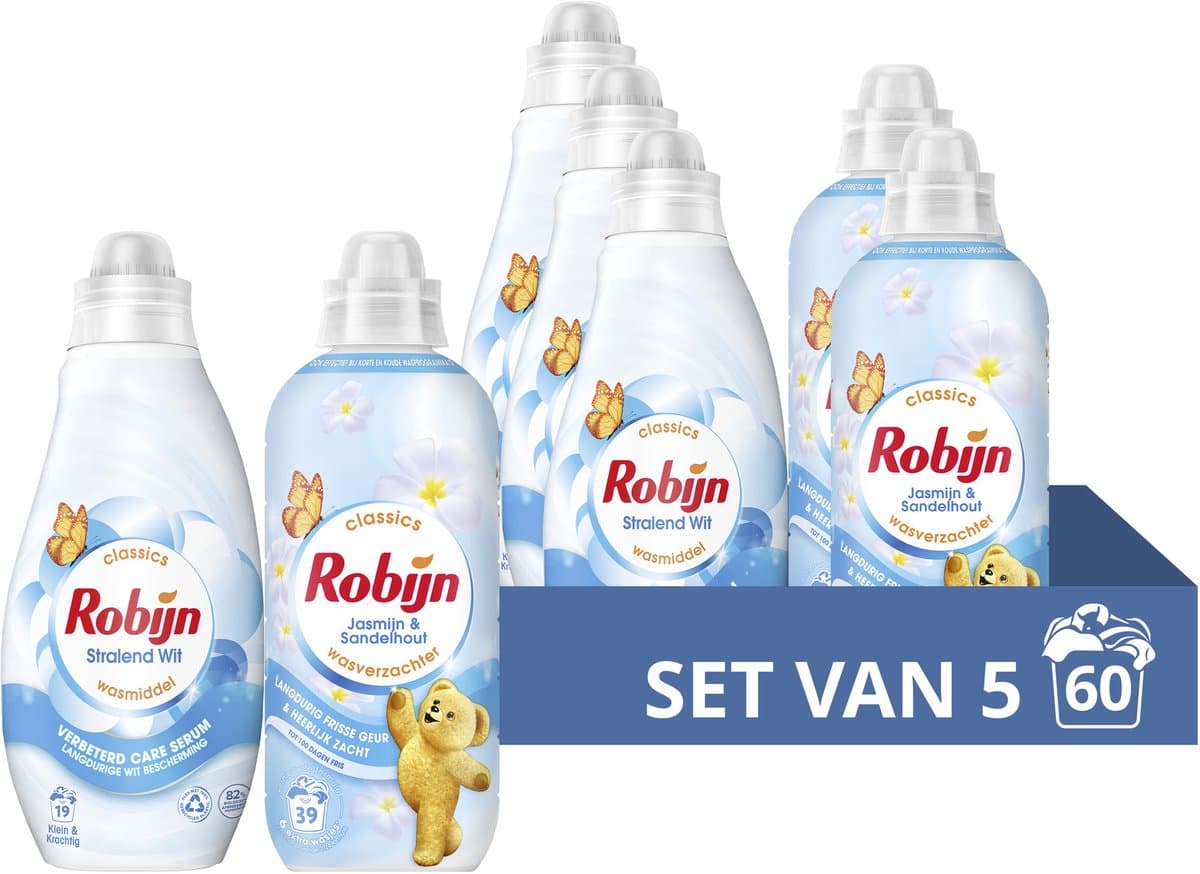 Robijn Perfect Match Wasmiddel en Wasverzachter Pakket - Stralend Wit + Jasmijn & Sandelhout - voor langdurige witbescherming - set van 5 (60 wasbeurten) — afbeelding 1
