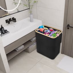 NAIZY Wasmand 3 vakken Wasverzamelaar Wasverzamelaar met deksel en 3 Wasbare waszakken Wasbox Waszak van Oxford stof voor wasruimte badkamer 140L, zwart — thumbnail 2