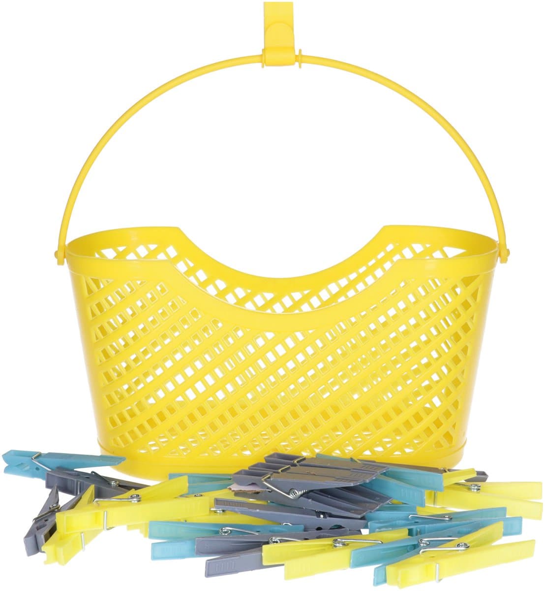 24x gekleurde wasknijpers in hangmandje - geel - kunststof - 17 x 19 x 11.5 cm - wassen - ophangen - knijpers — afbeelding 1