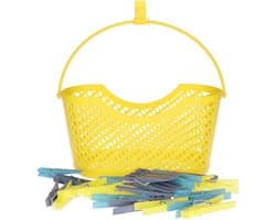 24x gekleurde wasknijpers in hangmandje - geel - kunststof - 17 x 19 x 11.5 cm - wassen - ophangen - knijpers