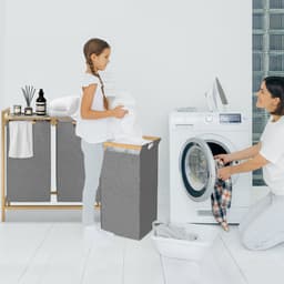 Wasmand van bamboeframe, 2 vakken, 36 l, 73 x 64 x 33,5 cm, wasverzamelaar met plank, waszak van Oxford-weefsel, wassorteerder, hout, waszakken voor bijkeuken, slaapkamer, grijs — thumbnail 3