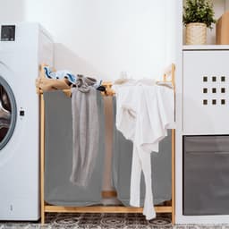 Wasmand van bamboeframe, 2 vakken, 36 l, 73 x 64 x 33,5 cm, wasverzamelaar met plank, waszak van Oxford-weefsel, wassorteerder, hout, waszakken voor bijkeuken, slaapkamer, grijs — thumbnail 5