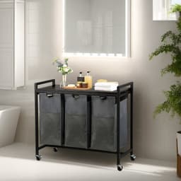 CALIYO Wasmand 3 Vakken - Wassorteerder - Uitschuifbaar - Eenvoudige Montage - 84 x 33 x 75 cm - 117L Capaciteit - 3 Zakken - Bruin Hout - Zwart Metaal - Wasmanden - Wasbox — thumbnail 3