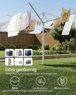 Furnstar - Droogrek in hoogte verstelbaar 60 m waslijn voor 6 wasmachineladingen outdoor tuin met bodemhuls wasknijpers zilver-groen LLR302E01 — thumbnail 5