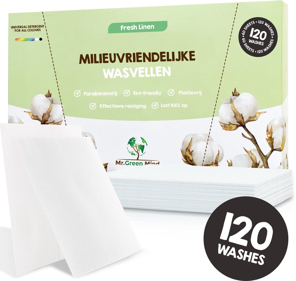 Milieuvriendelijke Wasstrips 120 Wasbeurten Fresh Linen Wasmiddeldoekjes Wasvellen Wasmiddel Voordeelverpakking incl. wasverzachter wasdoekje — afbeelding 1