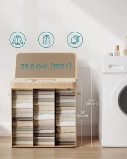 SONGMICS Wasmand met deksel, wasmand bamboe, waszak afneembaar en machinewasbaar, met handvatten, 150 liter, voor wasruimte, slaapkamer, woonkamer, naturel beige — thumbnail 5