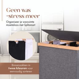 Zessta® Wasmand 2 Vakken - Wasmand met deksel - Wasmand - Wassorteerder - Opvouwbaar - Inklapbaar - 160L - Grijs - Bamboe — thumbnail 2
