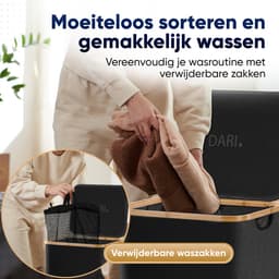 DARI. - Wasmand 3 vakken - Wassorteerder - 145L - met 3 uitneembare zakken - wasmand - zwart - knopen — thumbnail 4