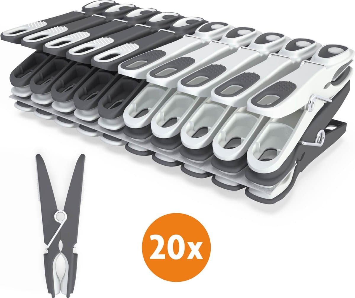 LaundrySpecialist Wasknijpers soft grip - Grijs/wit - 20 stuks - extra lang en stevig - Gemaakt van 85% gerecycled materiaal - wasknijpers plastic - wasknijpers kunststof - knijpers plastic - Made in EU — afbeelding 1