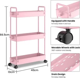 3-Tier Slide-out Slim Rolling Utility Cart Mobiele Opslag Rekken Organizer voor Keuken Badkamer Wasruimte Slaapkamer - Roze Plastic Wasmachine rek — thumbnail 4