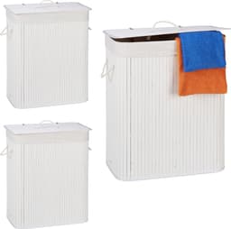 3x wasmand 2 vakken - witte bamboe wasbox - 95 liter - opvouwbaar - met deksel — thumbnail 1