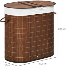 Bamboe Wasmand 100L met Deksel 62,5x37x60,5cm Bruin 2 Vakken Uitneembare Zakken Ventilatiegaten Handgrepen voor Badkamer Slaapkamer — thumbnail 2