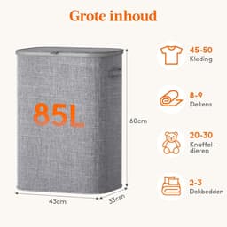 Smalle Wasmand 85L met Deksel – Opvouwbare Wassorteerder met Kunststof Frame – Grote Wasverzamelaar voor Slaapkamer & Badkamer – Grijs — thumbnail 2