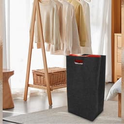 2 Stuks Vouwbare Wasmanden 60 Liter - Smalle Wasmand voor Badkamer en Slaapkamer - Zwarte Vilt Wascontainer met Dikke Wanden — thumbnail 4