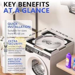 Universele stapelset voor wasmachine en droger, verstelbaar tussenbouwframe 45-68 cm, wit - Plaatsbesparende oplossing met trillingsdemping en bevestigingsriemen — thumbnail 5