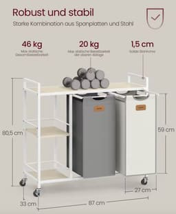 J&R Wasmand met 2 Uitneembare Waszakken – 100L Wasgoedsorteerder op Wielen – Wit — thumbnail 3