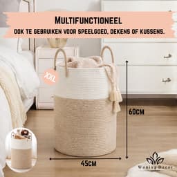 Woning Decor® Wasmand 100L XXL – Katoenen Wasmand – Opbergmand – Wassorteerder – Beige/Wit — thumbnail 2
