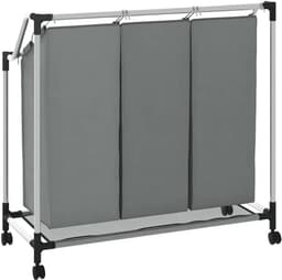 Wasmand Met Wielen - Kledingbox Opbergbox - Sorteren Kleding - Drie Compartimenten - 96 x 40 x 92 cm - Grijs — thumbnail 3