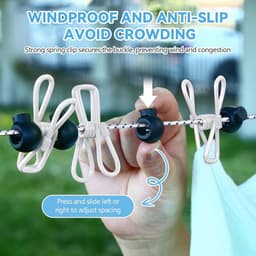 Draagbare Waslijn - Reis Waslijn - Kleding Drogen - 13 Antislip Gespen - 12 Wasknijpers - Wit — thumbnail 3