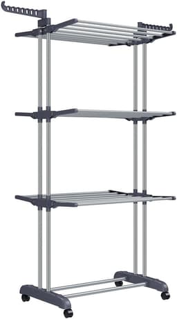 ELYSIVM Wasrek - Droogrek - Droogrek op wielen - Wasrek Toren - Droogtoren 4 Niveaus - Opvouwbare Vleugels met 360° Haken - Verplaatsbaar en Vast Te Zetten - Tot 35 kg - 64 x 126 x 172 cm - Grijs — thumbnail 1
