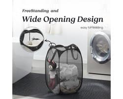 2-stuks Opvouwbare wasmand van gaas - Opvouwbare wasmand - Pop-up wasmand - Kledingmand - Wasmand - Met stevig handvat en zijvakken - 30*30*46 cm - Geschikt voor thuis, studentenkamers, slaapkamers, op reis, enz. - Zwart