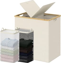 Dubbele Wasmand met Deksel en 2 Afneembare Vakken, 140 L, Ideaal voor Badkamer, Slaapkamer en Wasruimte, Beige — thumbnail 1