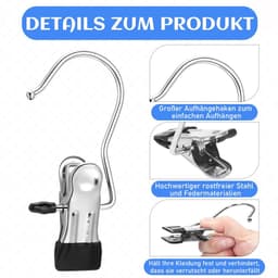 Dailygoods- Kleerhanger 20 stuks - Antislip Kledinghanger - Draagbare Wasknijpers - Roestvrij Staal - 360° Draaibare Haak - Verstelbare Rubberen Clip — thumbnail 5