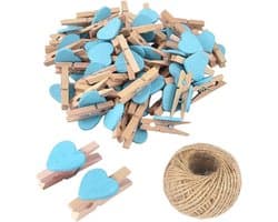 Mini Houten Hartjes - Kleine Knijpers - Foto's Ophangen - Natuurlijk Materiaal - 3 cm - Lichtblauw