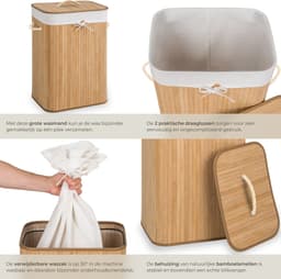 tectake® Robuuste bamboe wasmand - Opvouwbaar met deksel en uitneembare waszak - Verschillende modellen - 72L - Naturel - Rechthoek — thumbnail 2