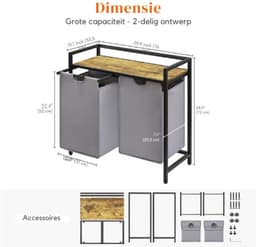 Wasmand met 2 compartimenten, 95 liter, met plank en dubbele uittrekbare waszakken, wasmand voor wasruimte, slaapkamer, badkamer, studentenkamer, grijs — thumbnail 3