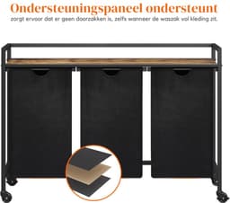 Wasmand op wielen, 95 liter, 2 compartimenten, uittrekbare wasmand met groot bovenblad, 2 uitneembare tassen en handvatten, wasmand met sorteerfunctie voor wasruimte, slaapkamer en badkamer, zwart — thumbnail 4
