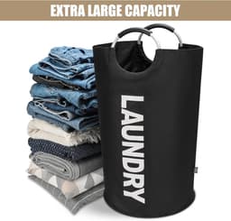 Wasmand - Opvouwbaar - Waszak - Zelfstandig staande hoge wasmand - Wasopbergmand - Wasemmer - Oxfordstof - 90 liter - Grote inhoud - Met opdruk - Zwart — thumbnail 3